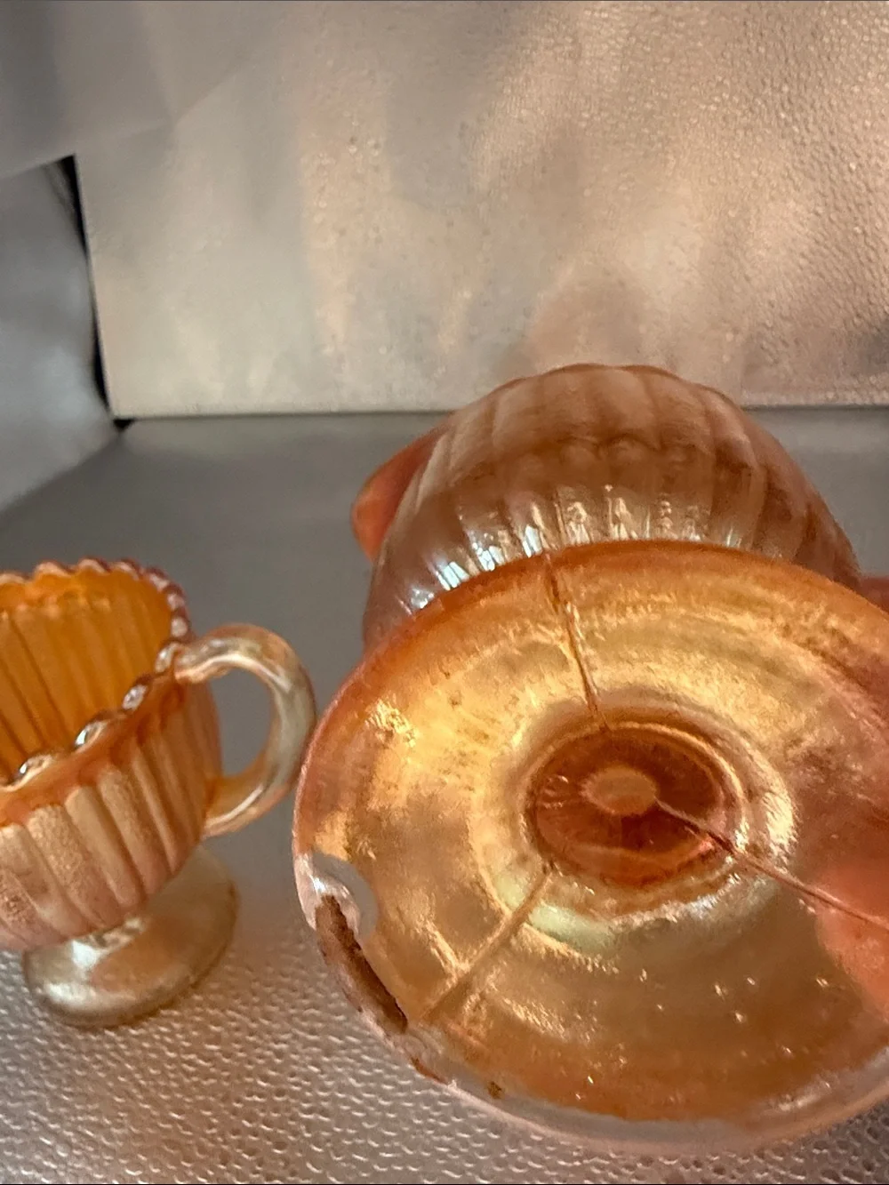 Vintage “Striped Rays” Carnival Glass sugar and creamer set.